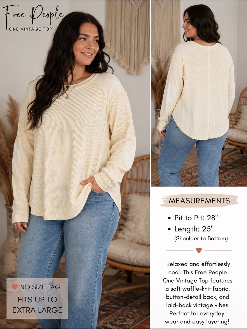 Free People Cream Waffle-Knit One Vintage Top